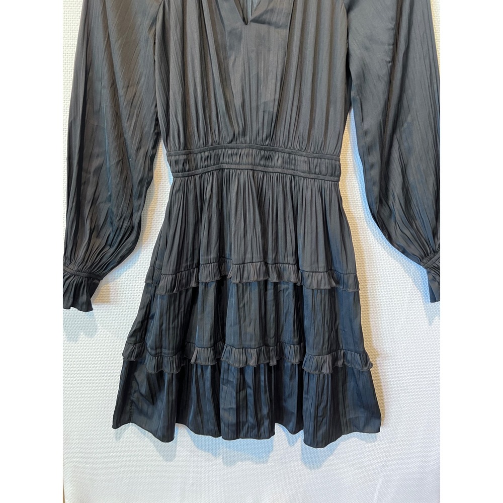Black Pleated Satin Mini Dress XS Long Sleeve Tiered Ruffle Smocked Waist - Picture 8 of 8